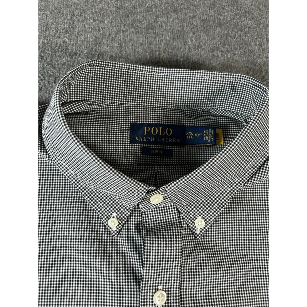 Polo Ralph Lauren Shirt Men XXL Slim Fit Black White Check Long Sleeve Button Up